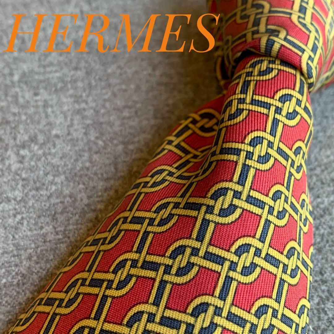 【世界最高峰ネクタイ✨️美品✨】HERMES ネイビーブラウン系 総柄