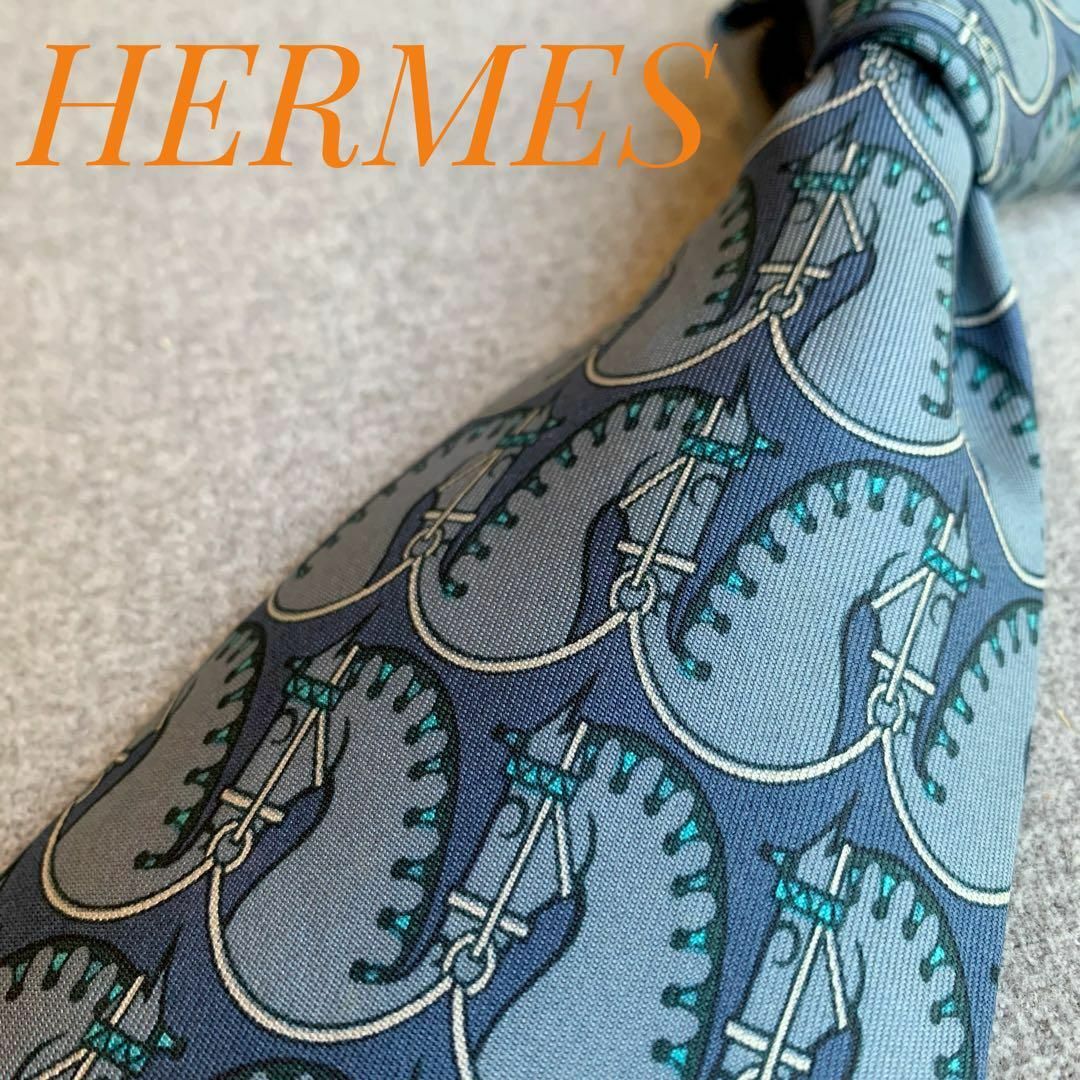 ✨美品✨ HERMES ネクタイ シルク100% ブルー 馬  総柄 フランス製