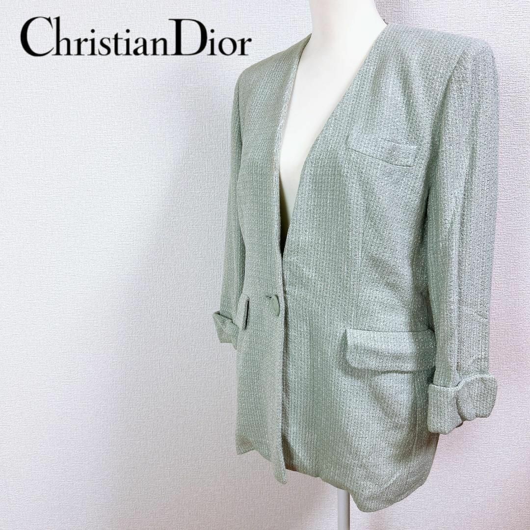 Christian Dior シルク混 ノーカラージャケット ワンボタン L