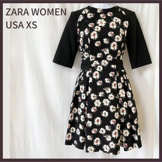 ザラ(ZARA)のZARA WOMEN ザラ ウーマン 花柄 ワンピース 黒 ブラック ひざ丈 S(ひざ丈ワンピース)