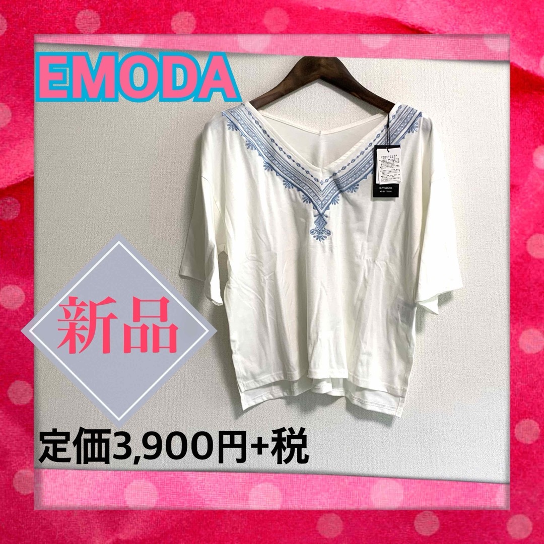 EMODA(エモダ)の新品タグ付き　エモダ　刺繍入りＶネックカットソー　半袖　Tシャツ　白　エスニック レディースのトップス(カットソー(半袖/袖なし))の商品写真