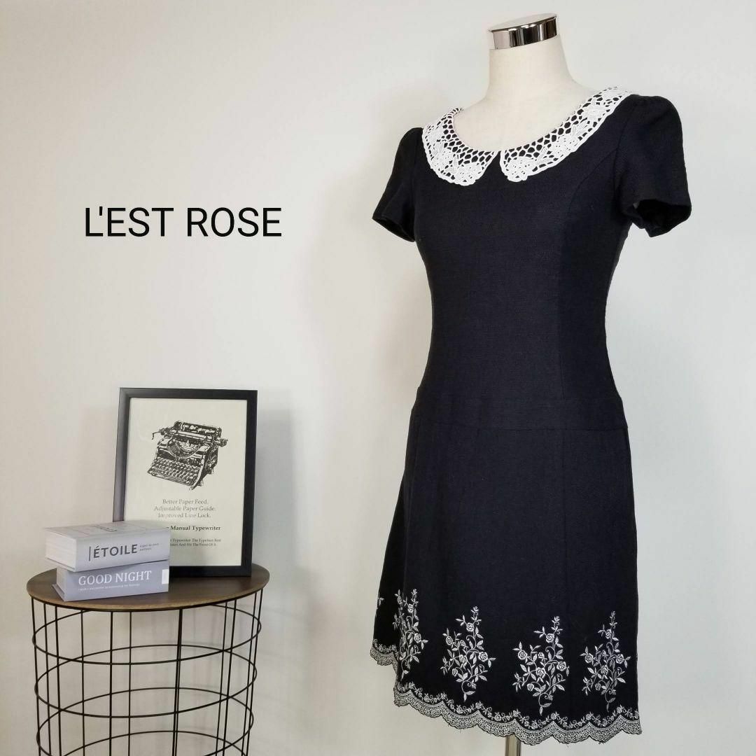 L'EST ROSE(レストローズ)の美品レストローズ日本製レース襟フラワーエンブロイダリーワンピース黒MT草花刺繍 レディースのワンピース(ひざ丈ワンピース)の商品写真