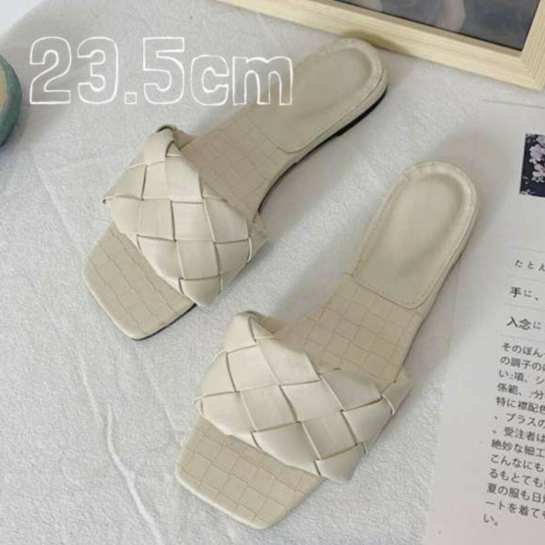 スクエアトゥ メッシュフラット サンダル レディース ホワイト 白 きれいめ レディースの靴/シューズ(サンダル)の商品写真