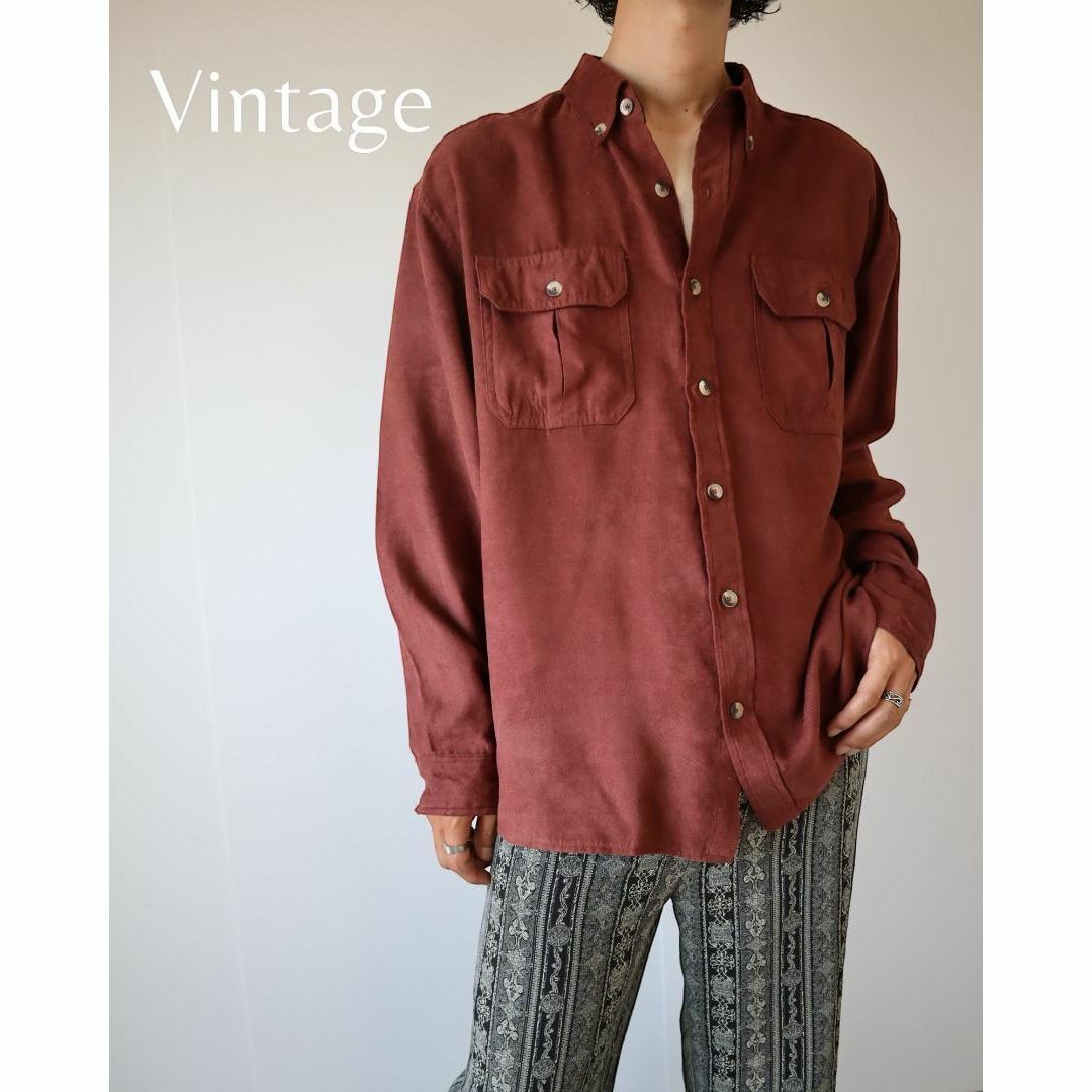 ART VINTAGE(アートヴィンテージ)の【vintage】フェイク スエード ワーク ルーズ 長袖シャツ 赤茶 XL メンズのトップス(シャツ)の商品写真