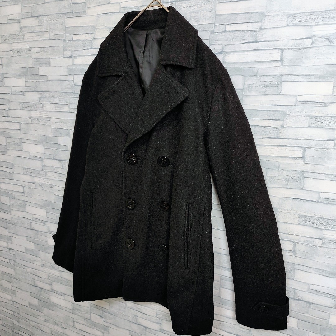 TK☆キレイめカジュアルなPコート　Lサイズ　ウール混　ブラック　碇ボタン　黒