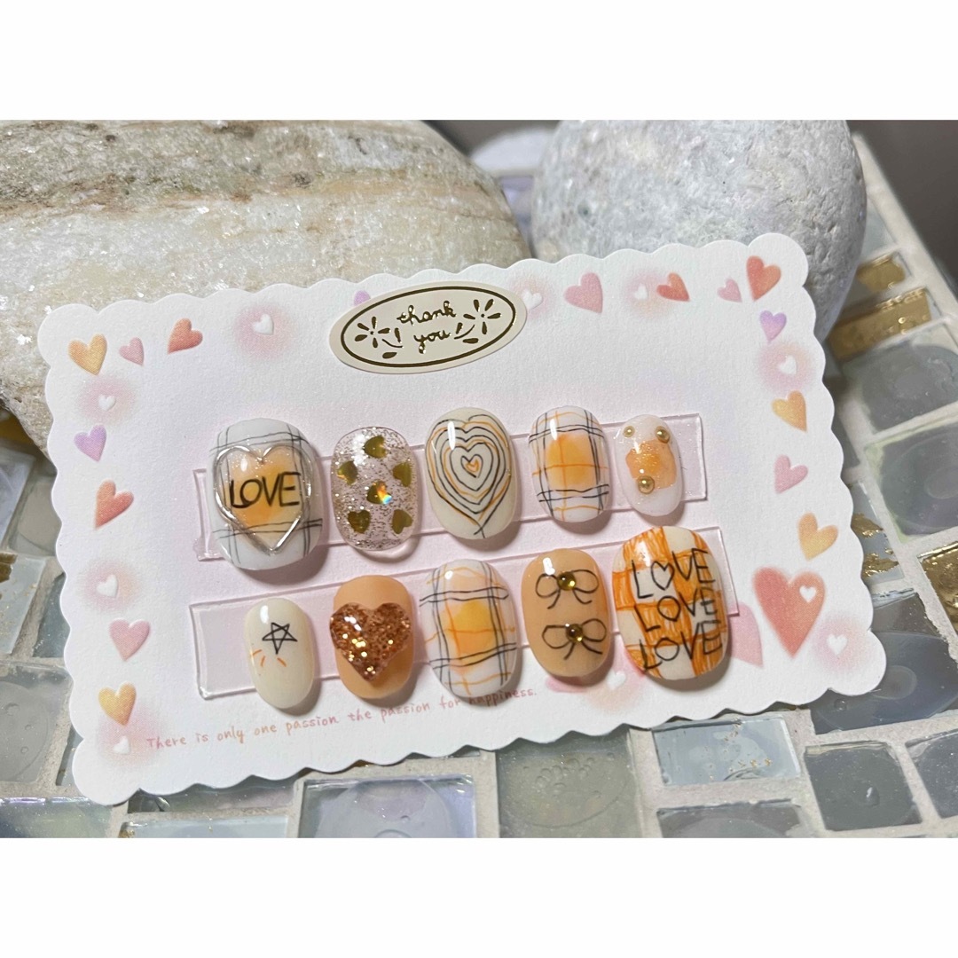 212. 現品ネイルチップ じゅわっとオレンジチェックLOVEらくがき推しネイル | フリマアプリ ラクマ 92.現品ネイルチップ らくがきプードルおれんじユニコーンネイル