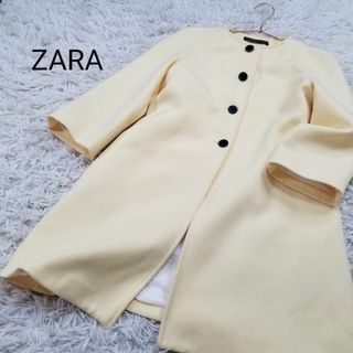 ザラ(ZARA)のZARA WOMANラグランスリーブ七分袖ノーカラーロングコート海外XS薄黄色(ロングコート)