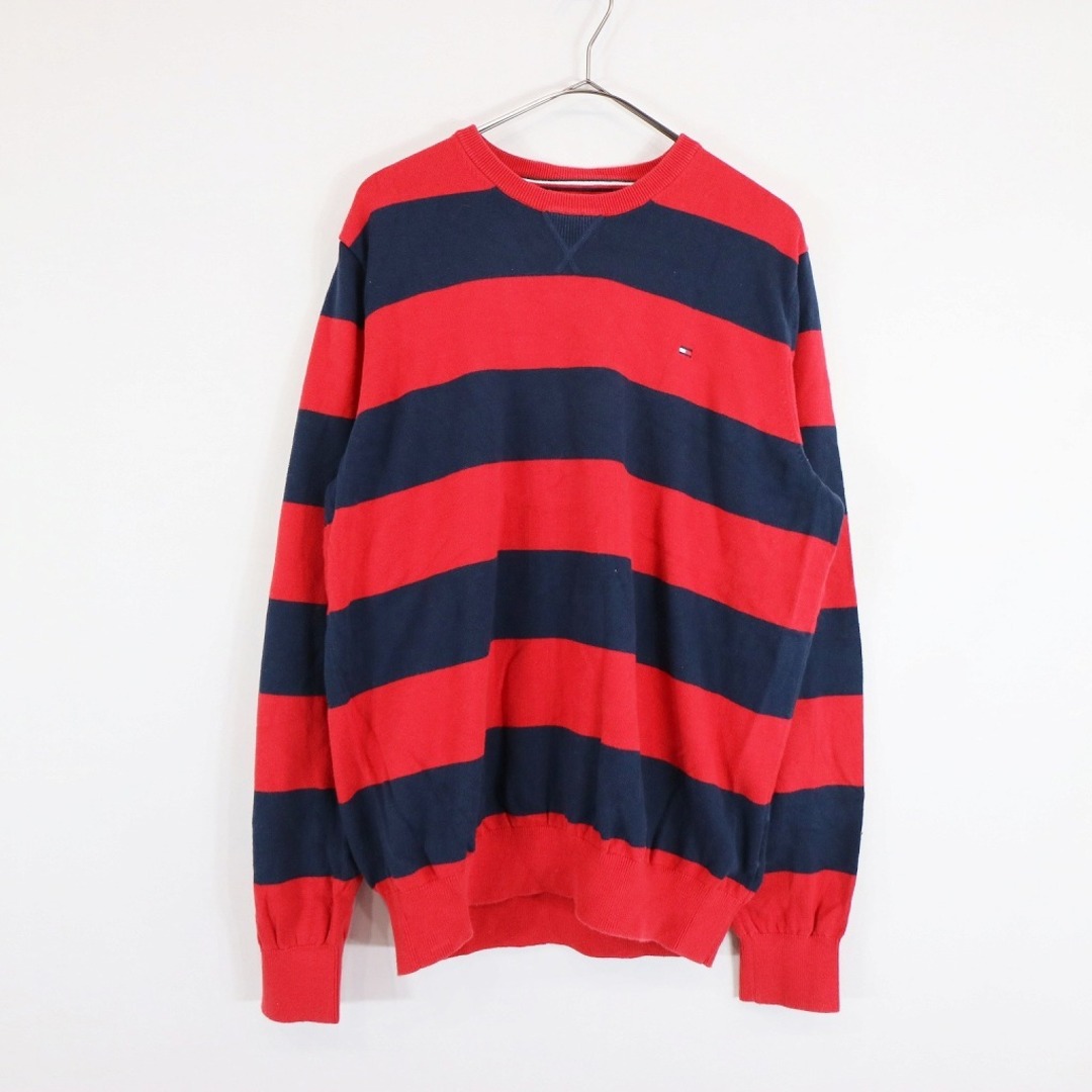 TOMMY HILFIGER(トミーヒルフィガー)のTOMMY HILFIGER トミーヒルフィガー ボーダー コットンニット セーター 防寒 ワンポイントロゴ レッド (メンズ L) 中古 古着 N6683 メンズのトップス(ニット/セーター)の商品写真