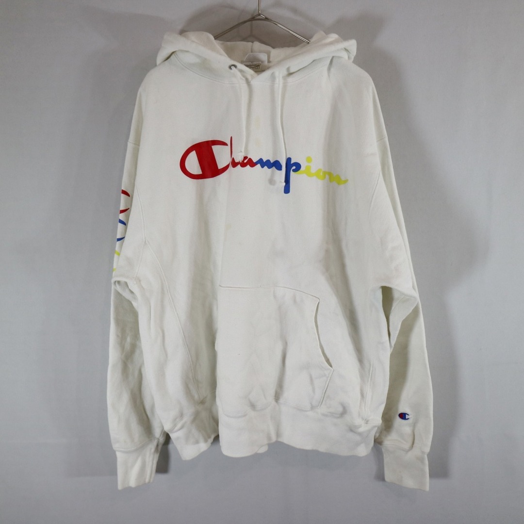 SALE/ Champion チャンピオン リバースウィーブ ブランドロゴ パーカー アメカジ  ストリート ホワイト (メンズ XL)   N6867