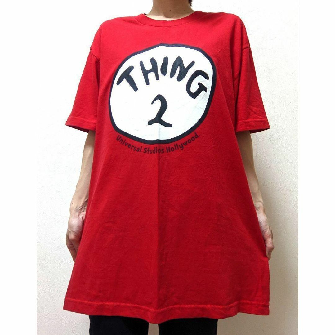 USJ(ユニバーサルスタジオジャパン)のユニバーサルスタジオジャパン THING2 ロゴ Tシャツ レッド赤色L古着 メンズのトップス(Tシャツ/カットソー(半袖/袖なし))の商品写真