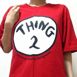 ユニバーサルスタジオジャパン(USJ)のユニバーサルスタジオジャパン THING2 ロゴ Tシャツ レッド赤色L古着(Tシャツ/カットソー(半袖/袖なし))