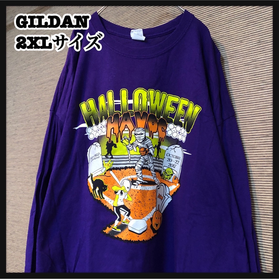 GILDAN(ギルタン)の 【ギルダン】ロンT　ミイラ　ハロウィン　ゾンビ　オバケ　紫　ネコ　野球　72 メンズのトップス(Tシャツ/カットソー(七分/長袖))の商品写真