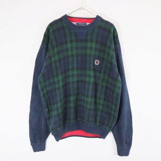 トミーヒルフィガー(TOMMY HILFIGER)の90年代 OLD TOMMY HILFIGER オールド トミーヒルフィガー セーター タータンチェック柄 ネイビー (メンズ XL) 中古 古着 N7247(ニット/セーター)