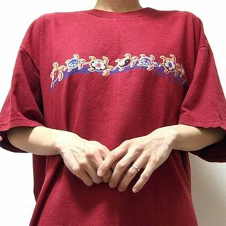 フルーツオブザルーム(FRUIT OF THE LOOM)のフルーツオブザルーム 海亀 ウミガメ Tシャツ えんじワインレッド赤XL 古着(Tシャツ/カットソー(半袖/袖なし))