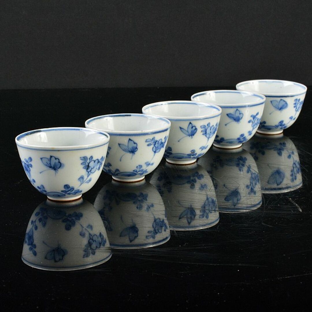 煎茶道具 伊万里焼 古伊万里 染付 花蝶文 煎茶碗 五客 時代箱 D R6222-