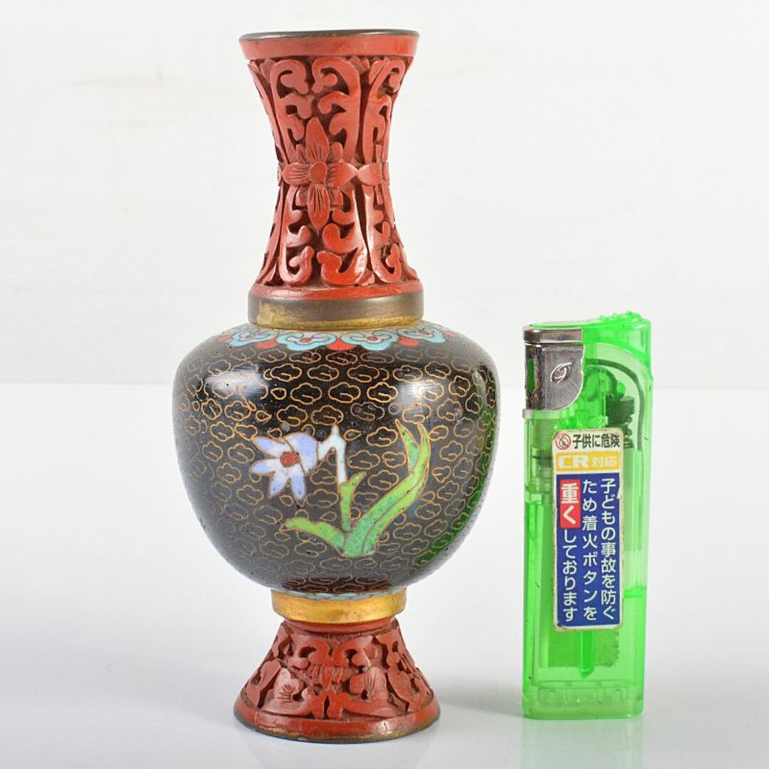 中国 古七宝 剔紅 堆朱 花文瓶 U R6247 金属工芸