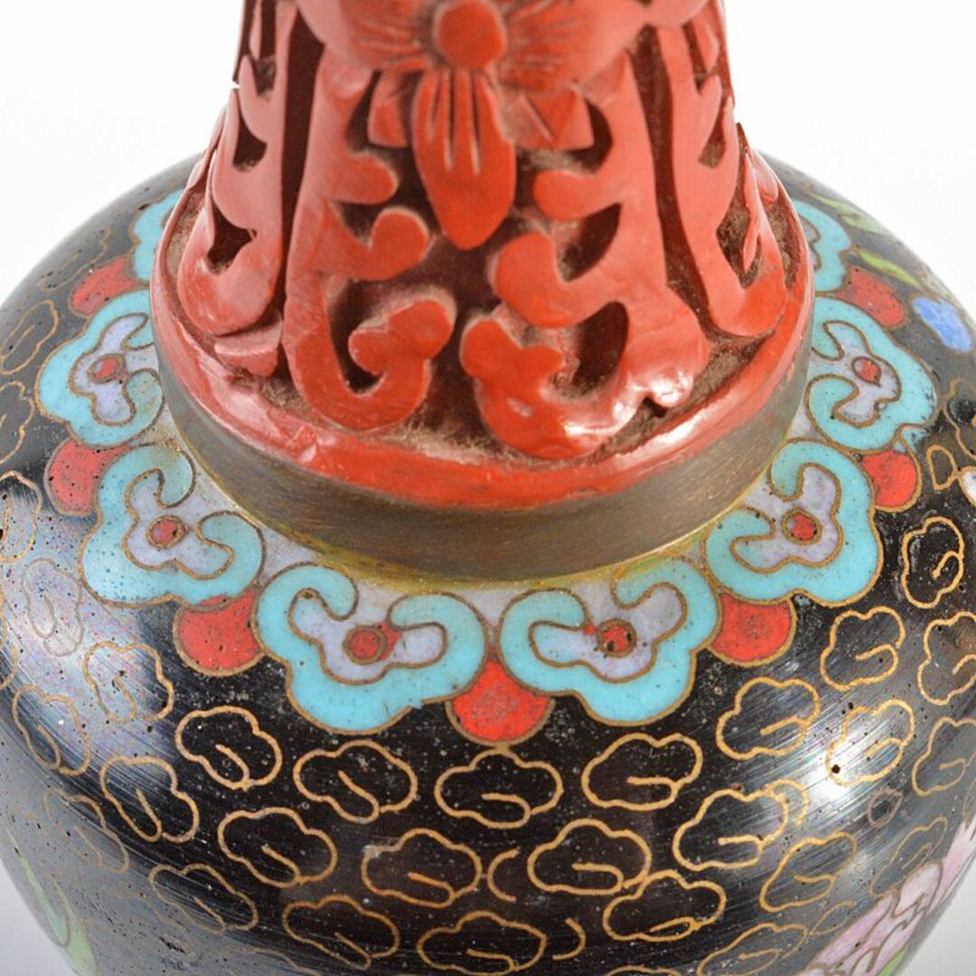中国　古七宝　剔紅　堆朱　花文瓶　U　R6247