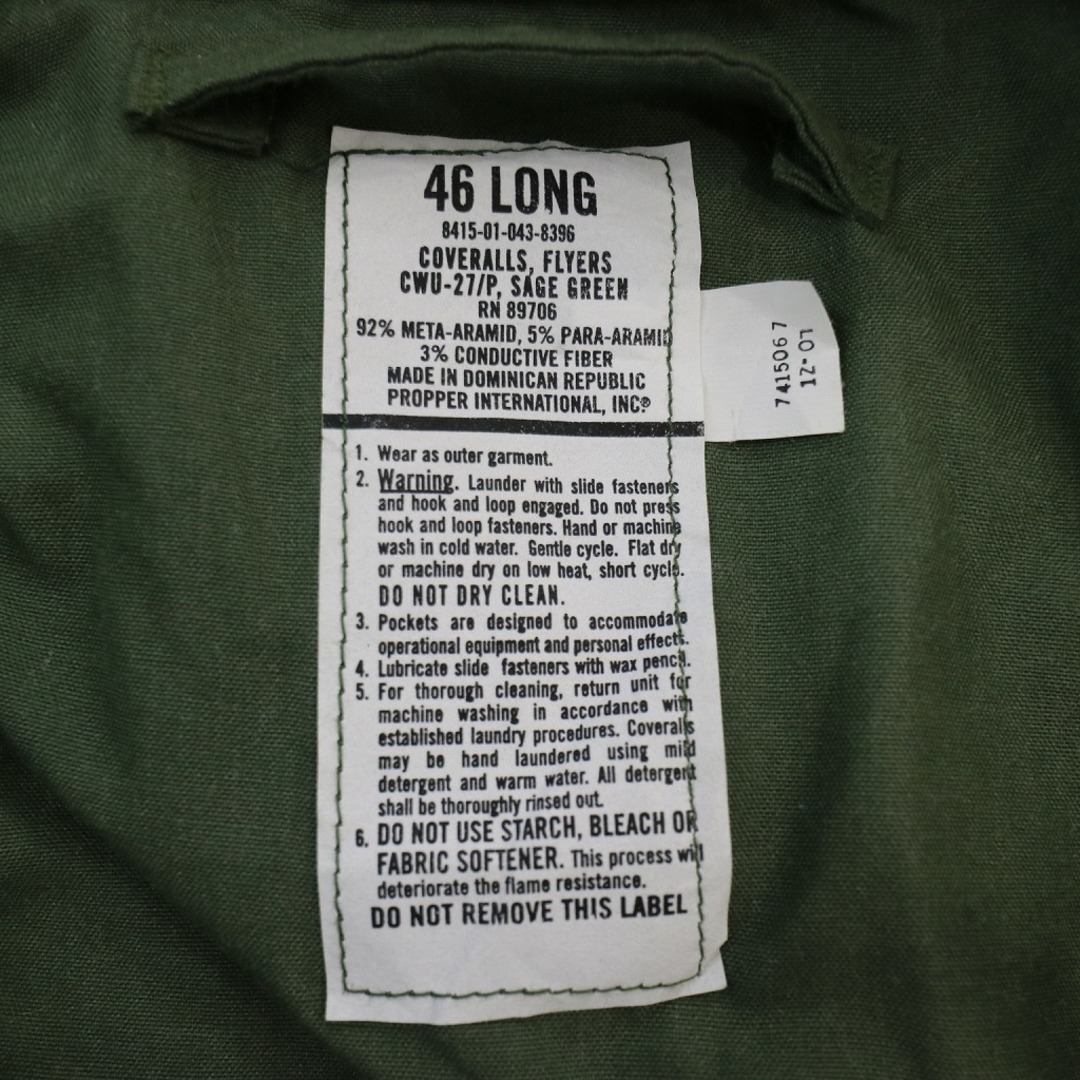 民間品 CWU27/P フライングスーツ  ミリタリー 戦闘服 アウター セージグリーン (メンズ 46L) 中古 古着 N7784 メンズのパンツ(サロペット/オーバーオール)の商品写真