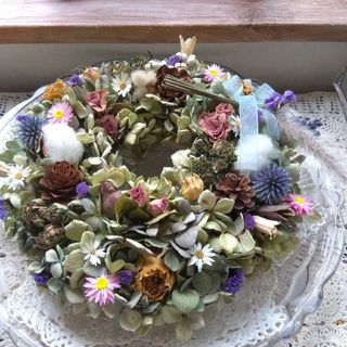 ドライフラワーリース大きめ♥紫陽花にいだかれて１０♥Ｗ２８cm前後  ９/８撮影(ドライフラワー)