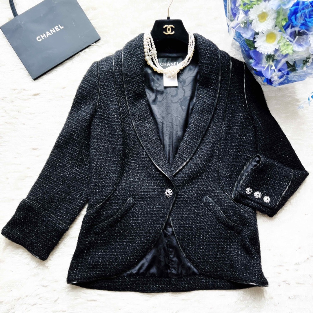 美品 CHANEL シャネル ツイード グリポア ビジュー ジャケット ボタン