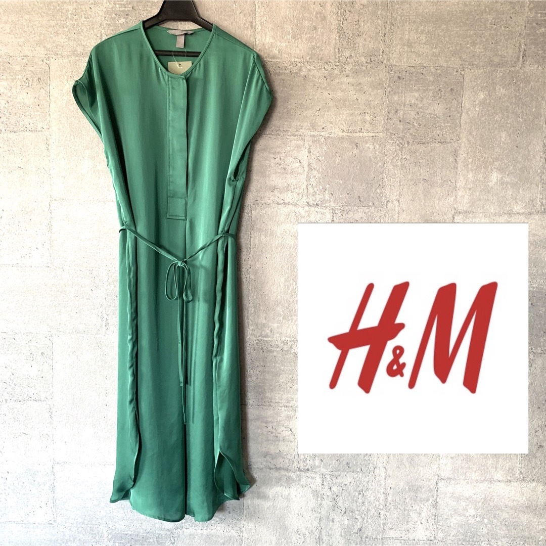 H&M(エイチアンドエム)のH&M グリーン　ミモレ丈ブラウスワンピース レディースのワンピース(ロングワンピース/マキシワンピース)の商品写真