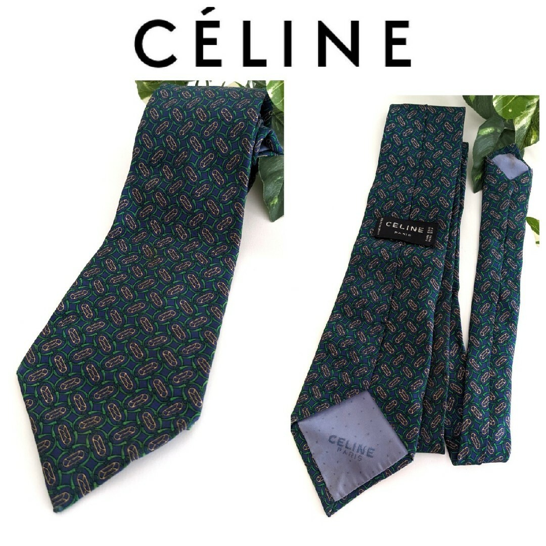 celine(セリーヌ)の良品 CELINE オールドセリーヌ シルク ネクタイ グリーン 緑 ネイビー メンズのファッション小物(ネクタイ)の商品写真