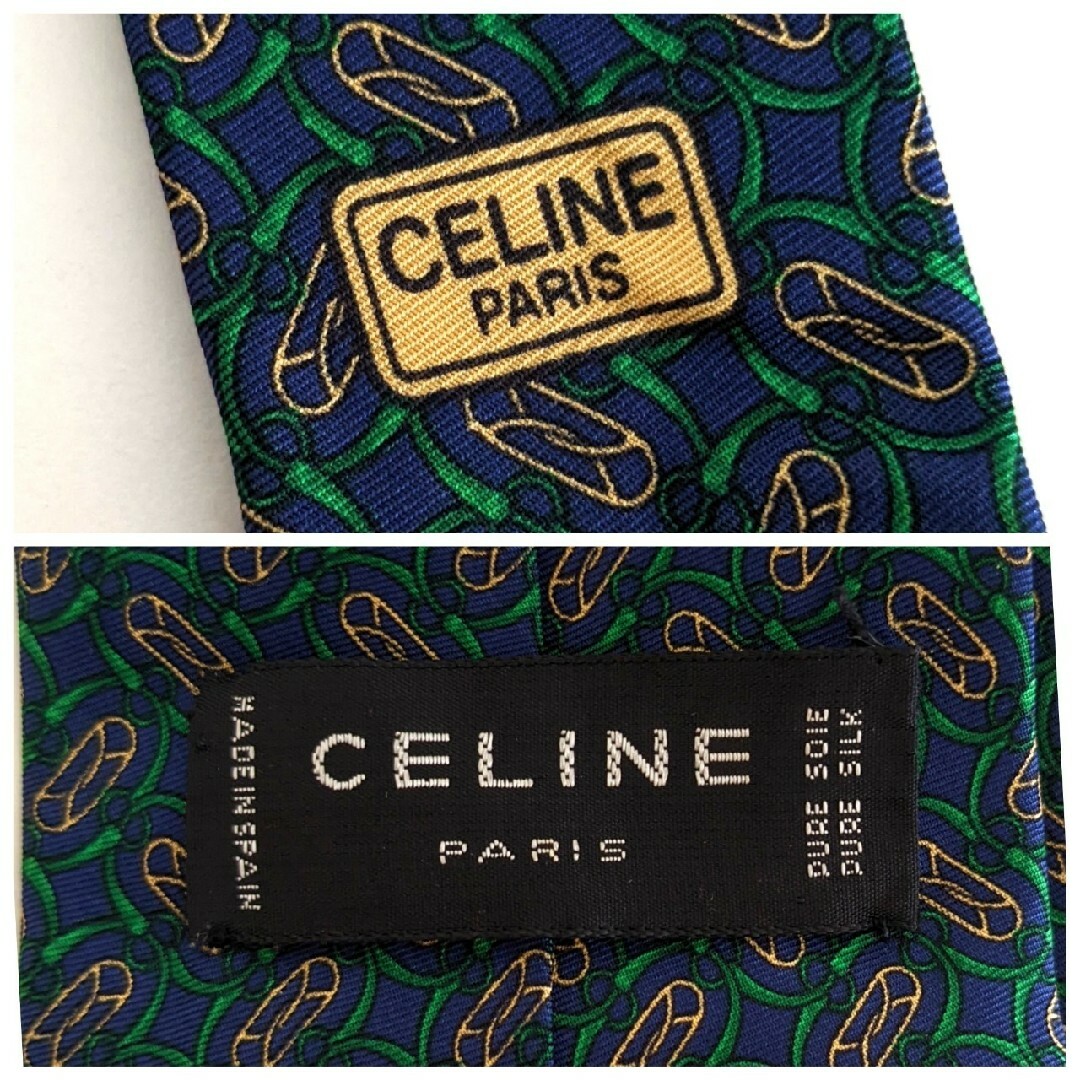 celine(セリーヌ)の良品 CELINE オールドセリーヌ シルク ネクタイ グリーン 緑 ネイビー メンズのファッション小物(ネクタイ)の商品写真