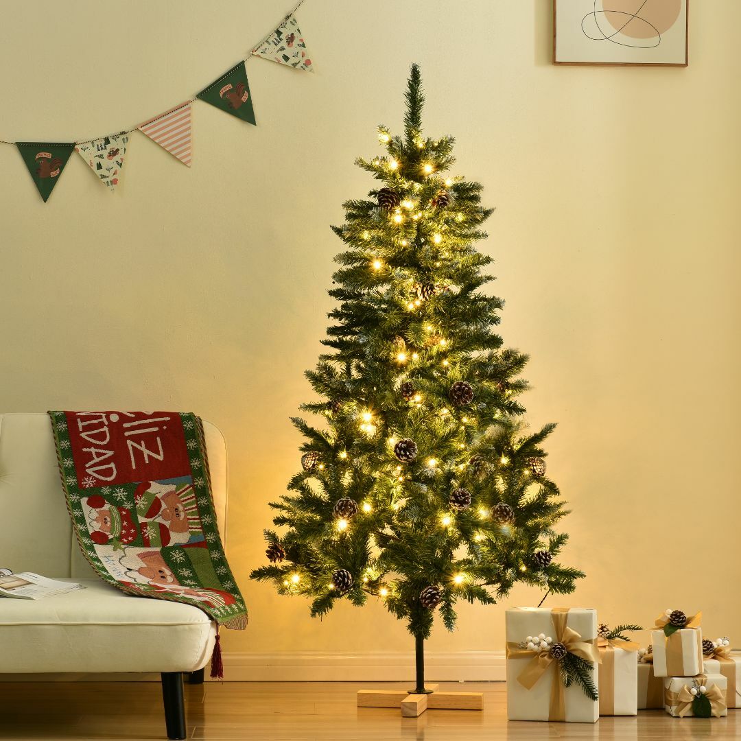 クリスマスツリー 150cm LED雪化粧オーナメント無し飾り松ぼっくり付