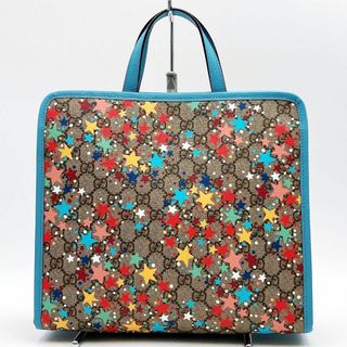 グッチ(Gucci)の超美品 GUCCI グッチ GGスプリーム スター トートバッグ ハンドバッグ 水色×ベージュ 星柄 スタープリント レディース 605614 USED 【中古】(トートバッグ)