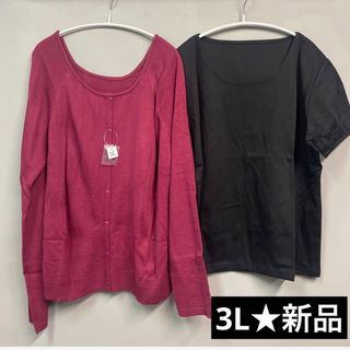 新品　タグ付き　カーディガン　Tシャツ　3L 2XL セット　ブラック　ピンク　(カーディガン)