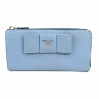 プラダ(PRADA)のプラダ PRADA L字ファスナー長財布 ロゴ リボン レザー ライトブルー シルバー レディース 送料無料【中古】 e56637a(財布)