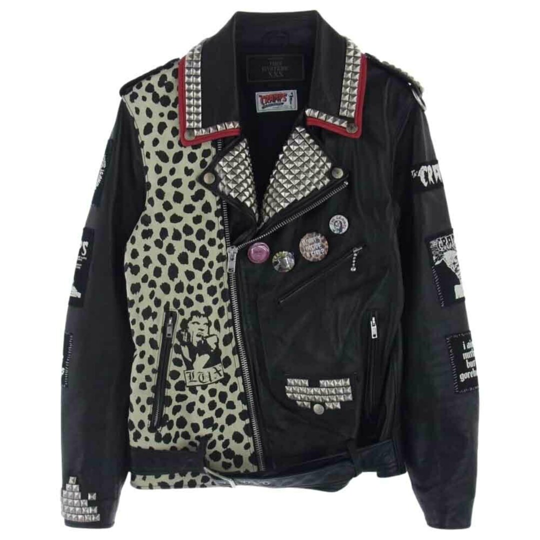 HYSTERIC GLAMOUR ヒステリックグラマー レザージャケット 17AW 06173LB02 THE CRAMPS CR/STUDS&PATCH リメイク ラムレザー ダブルライダース ジャケット バッジ スタッズ ブラック系 S約42cm着丈