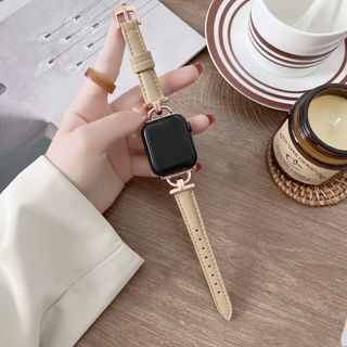 Apple Watch フェイクレザー バンド カーキ+ローズバックル(腕時計)