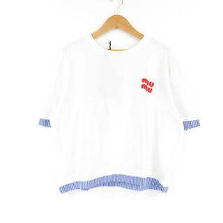 ミュウミュウ(miumiu)の美品 miumiu ミュウミュウ MJN414 115G 刺繍入り コットン ローカットTシャツ ホワイト S コットン100％ レディース AY4162W3 (Tシャツ(半袖/袖なし))