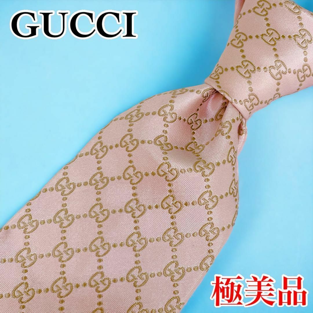 極美品】GUCCI グッチ ネクタイ GG シマ 総柄 シルク ピンク-