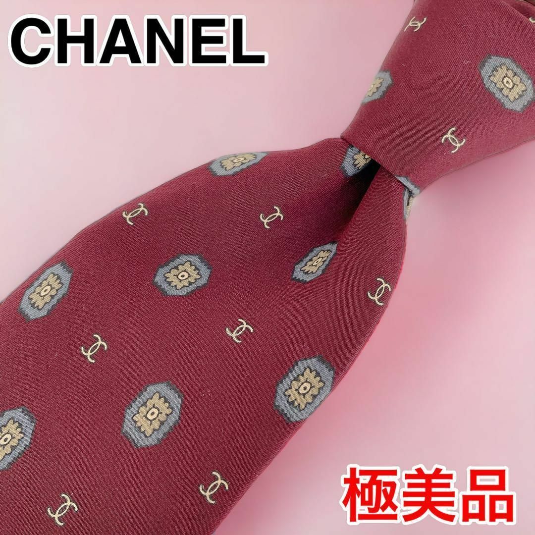 極美品】CHANEL シャネル ネクタイ ロゴ ココマーク シルク 赤-