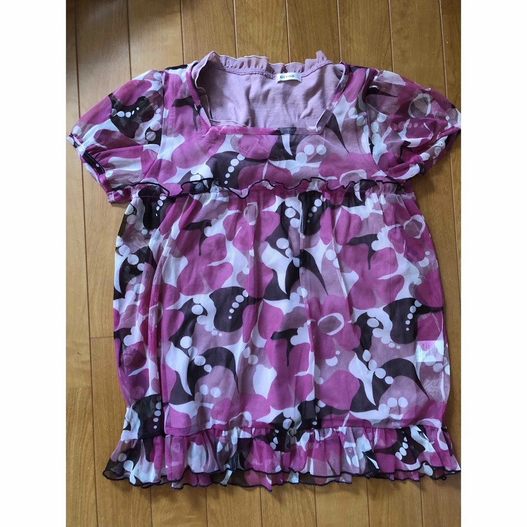 【美品】オーガンジー　ピンク花柄カットソー　タンクトップ付き レディースのトップス(Tシャツ(半袖/袖なし))の商品写真
