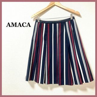 アマカ(AMACA)の未使用☆AMACA アマカ　ストライププリーツスカート　黒　白　赤　40 L(ひざ丈スカート)