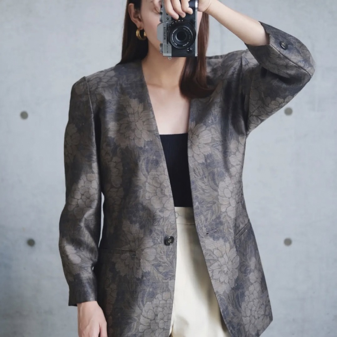 vintage floral gray jacket - ノーカラージャケット