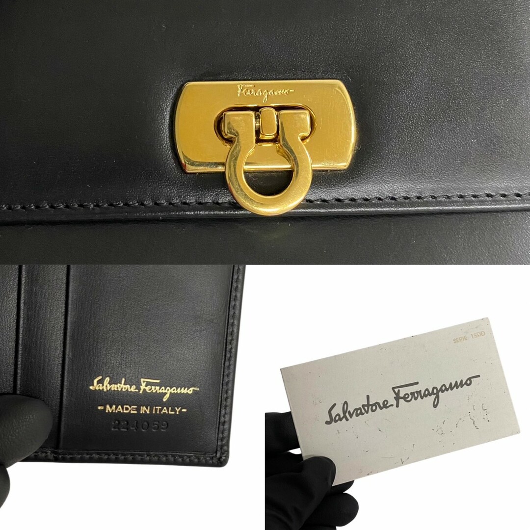 極 美品 保存箱付 Salvatore Ferragamo フェラガモ ガンチーニ 金具 レザー 本革 二つ折り 財布 ミニ ウォレット ブラック 27886 1