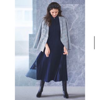 セルフォード(CELFORD)の【美香×CELFORD】ラッフルスリーブプリーツワンピース ネイビー(ロングワンピース/マキシワンピース)