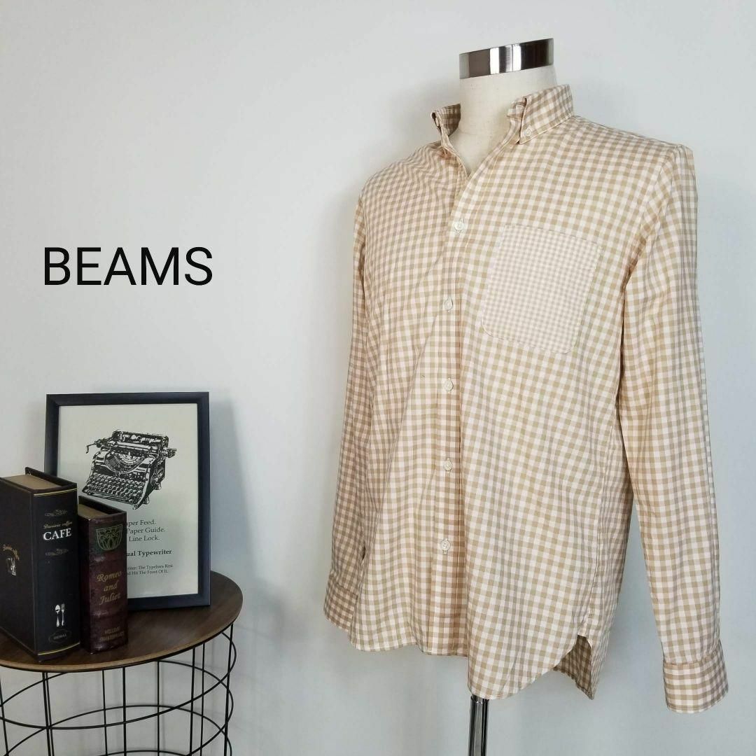 BEAMS(ビームス)のBEAMSギンガムチェック柄アイビールックボタンダウンシャツ薄茶白メンズL長袖 メンズのトップス(Tシャツ/カットソー(半袖/袖なし))の商品写真