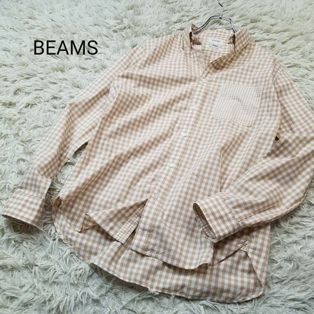 BEAMS(ビームス)のBEAMSギンガムチェック柄アイビールックボタンダウンシャツ薄茶白メンズL長袖 メンズのトップス(Tシャツ/カットソー(半袖/袖なし))の商品写真