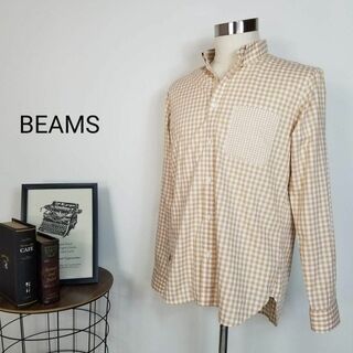 ビームス(BEAMS)のBEAMSギンガムチェック柄アイビールックボタンダウンシャツ薄茶白メンズL長袖(Tシャツ/カットソー(半袖/袖なし))