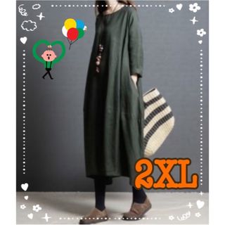 グリーン　ワンピース ロング　リネン　ゆったり　着痩せ　2XL(ロングワンピース/マキシワンピース)