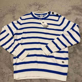 プチバトー(PETIT BATEAU)のプチバトー　肩ボタン　青ボーダーコットンセーター　タグ付き新品未使用(カットソー(長袖/七分))