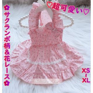 サクランボ柄フリフリワンピース可愛い春夏犬服猫服 犬の服 わんこ服ドッグウェア(犬)