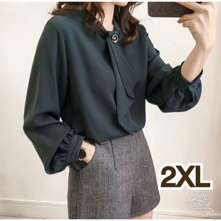 2XL ボウタイ ブラウス オフィスカジュアル フォーマル グリーン リボン(シャツ/ブラウス(長袖/七分))