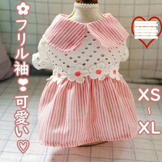 ピンクストライプ花刺繍レース フリル袖ワンピース 可愛い春夏犬服 猫服犬の服(犬)