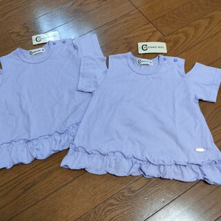 新品タグ付き　２枚セット　双子　90 　紫ピンク　オフショル　肩出し　トップス(Tシャツ/カットソー)